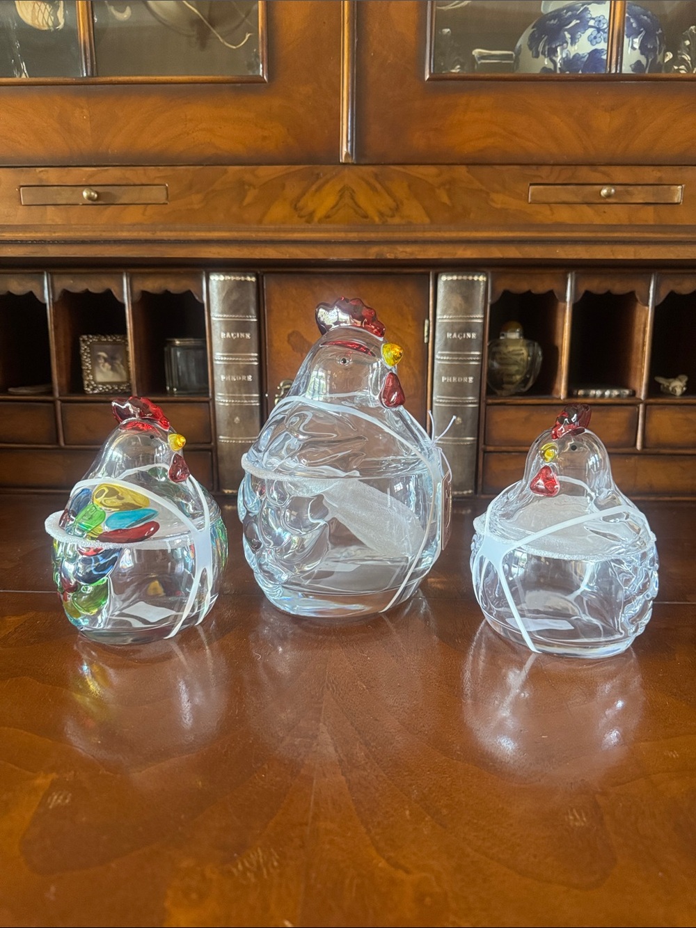 Adorable! Mama Hen and Boy and Girl Chicks Glass Canisters - New!